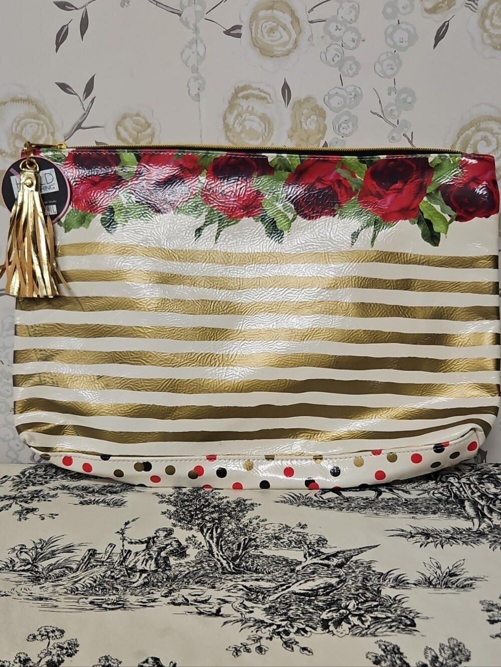 Gold Stripe Rose Print Cosmetic Pouch with Gold Tassel